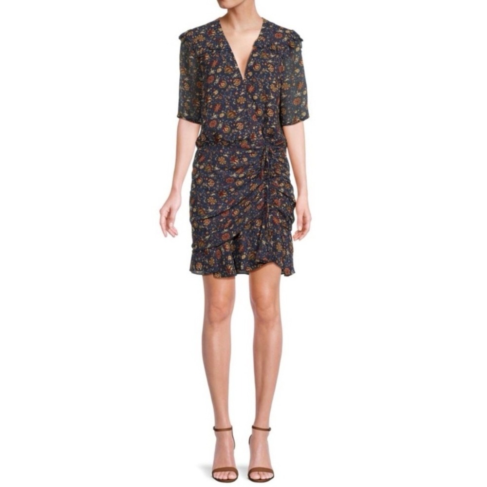 Veronica Beard Size 8 Floral Ruched Mini Dress Navy Blue Drawstring V-Neck EUC